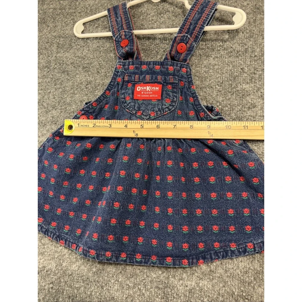 Rare Vintage OshKosh B'Gosh Floral Rose Denim Jumper Dress 18M Made in USA